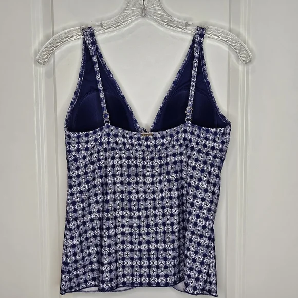 ❤️Nicole Miller Ruched Swim Tank Top S Blue White Nautical Adjustable Straps - Picture 3 of 7